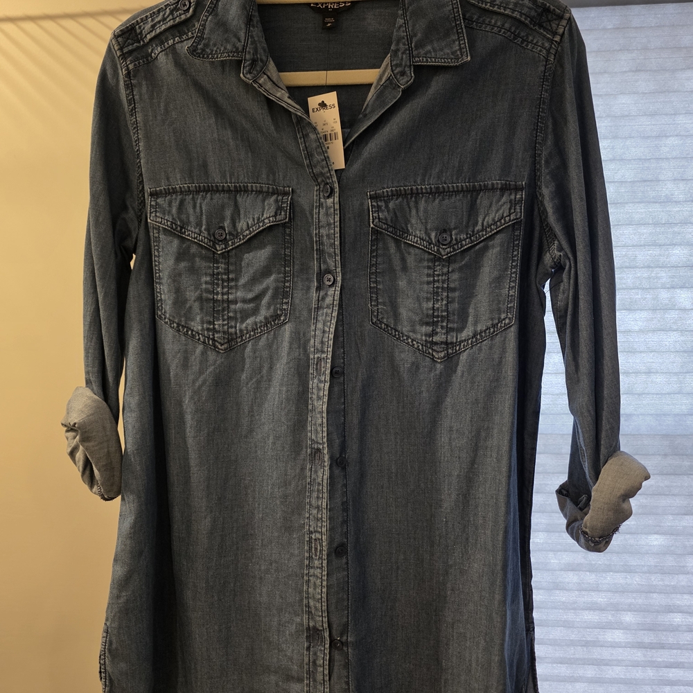 Express Medium Wash Denim Shirt Dress - Blue